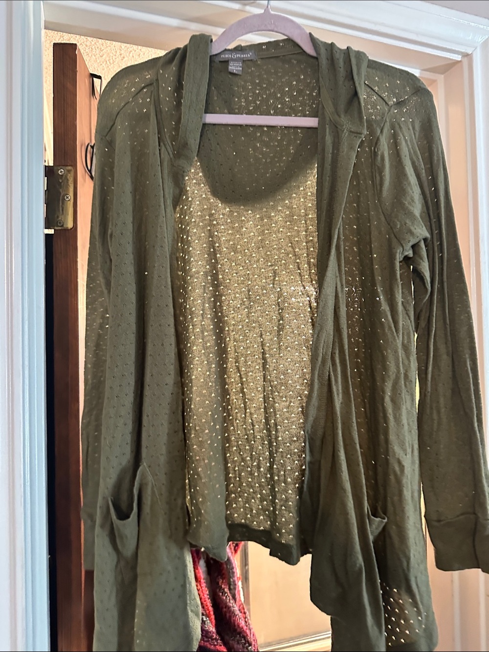 Peace & pearls Lightweight Olive Green Utility Hoodie Jacket pockets large rayon